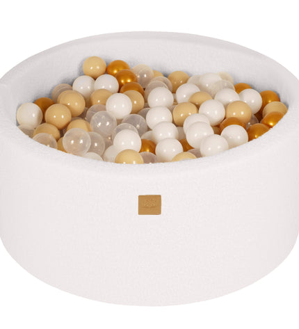 Round Ball Pit with 300 Gold/Beige/White/Transparent balls, 90x40cm - White Boucle