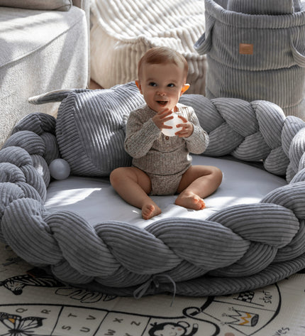 Baby Nest & Play Mat With Crib Bumper Braid - Grey