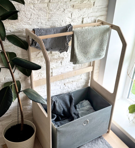 Montessori Wooden Clothes Drying Rack with Storage for Kids