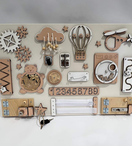 Montessori busy board with doors and locks (40×60 cm)